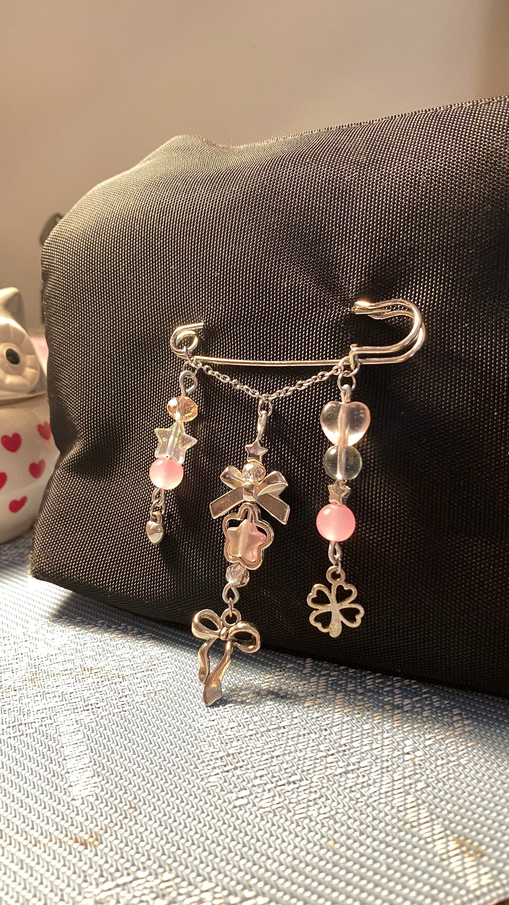 Pink coquette bow bag pin